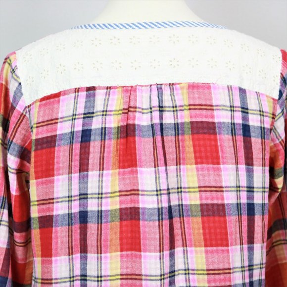 Niko and… Red Plaid Striped Button Front Floral Eyelet Tunic Women’s Size M - Picture 12 of 16